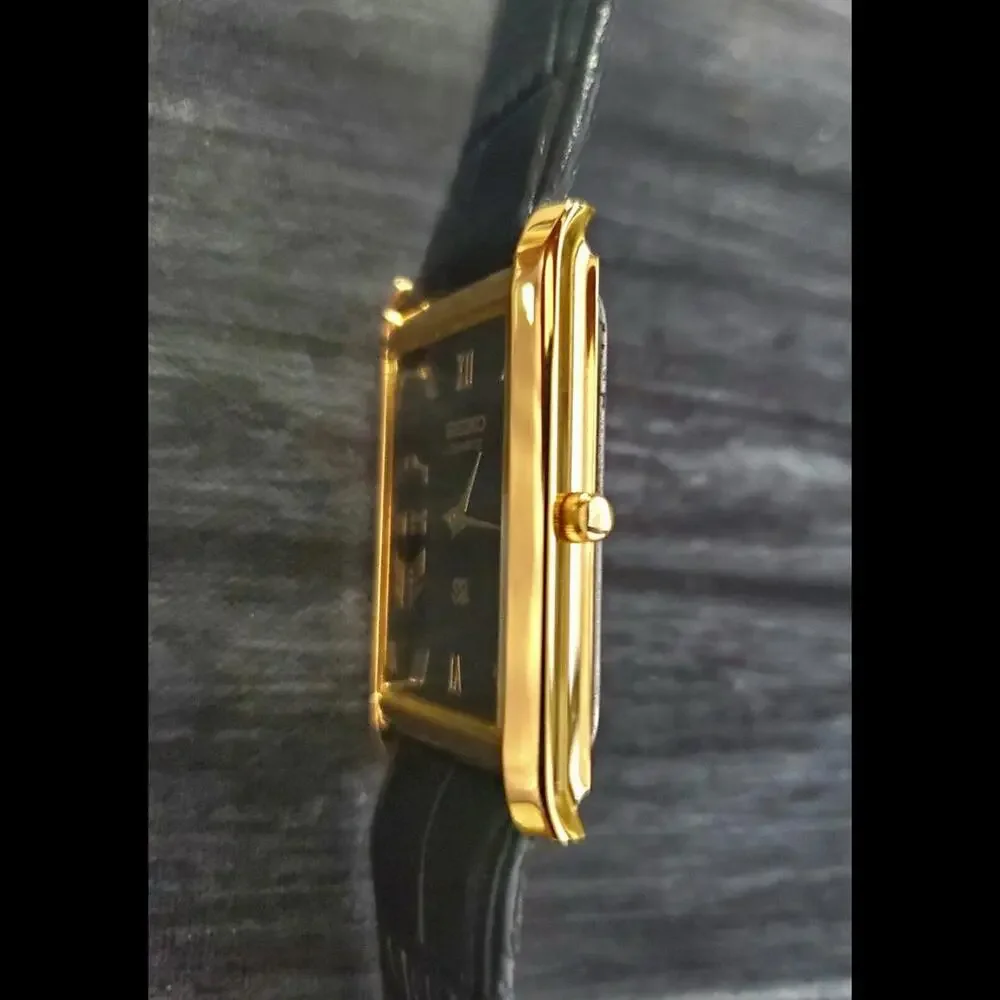 Slim‎ GOLD Black Dial New Batt & Movt Men's Tank Dress Watch USA Seller🌟